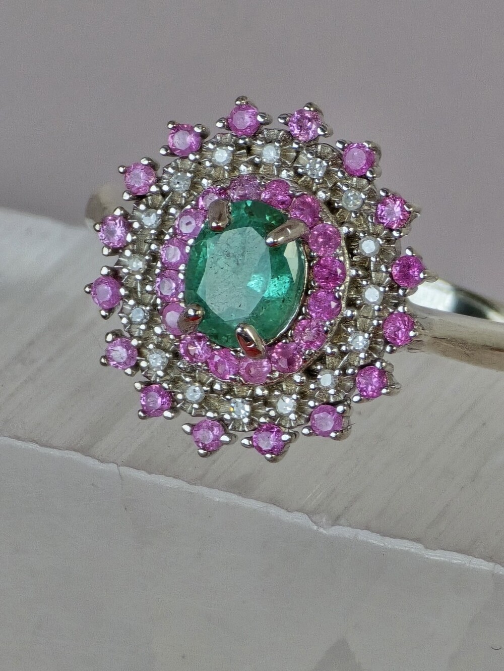 925 Sterling Silver Ring 7.5 with Natural Emerald Sapphires & Diamonds